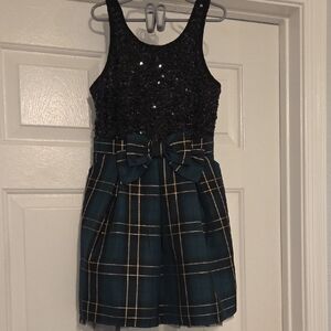 The Children's Place Black Sequin Top with Green Plaid Skirt Dress